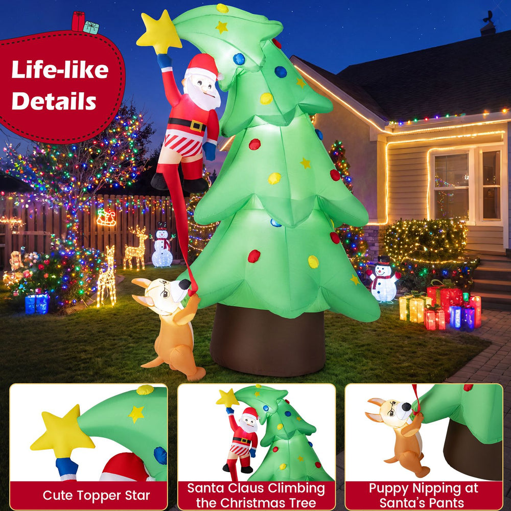 Inflatable Christmas tree with Santa Claus and a dog, featuring built-in LED lights for festive outdoor decoration.