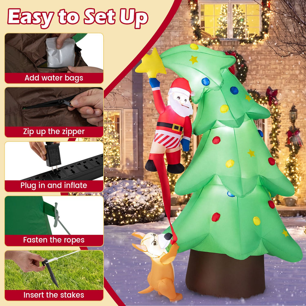 Inflatable 7.6 FT Christmas tree with a dog chasing Santa, featuring LED lights and durable polyester for outdoor use.