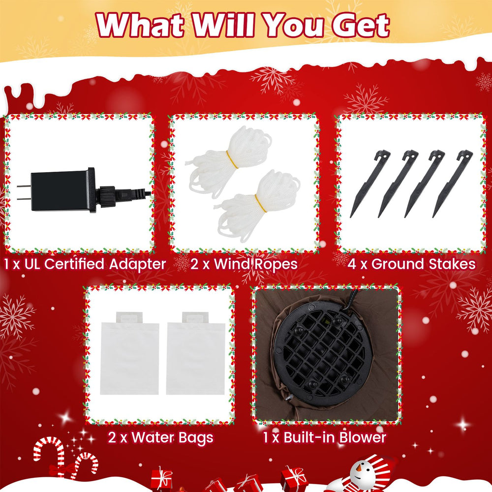 Included accessories for the 7.6 FT inflatable Christmas tree include ropes, stakes, water bags, and a built-in blower.
