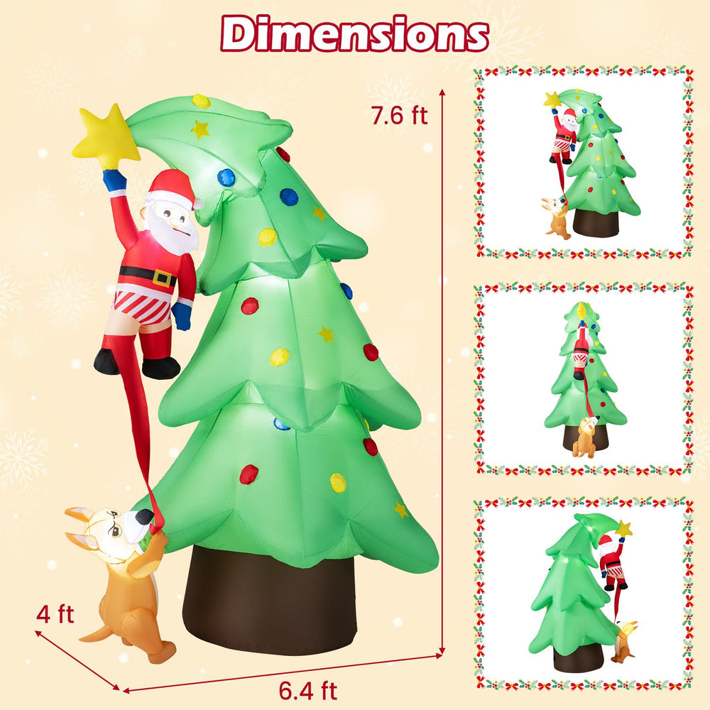 Inflatable 7.6 FT Christmas tree with Santa and dog, featuring LED lights and premium waterproof fabric for outdoor use.