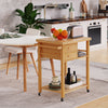 Bamboo kitchen trolley cart with two drawers, open shelves, and a large countertop, ideal for food preparation and.
