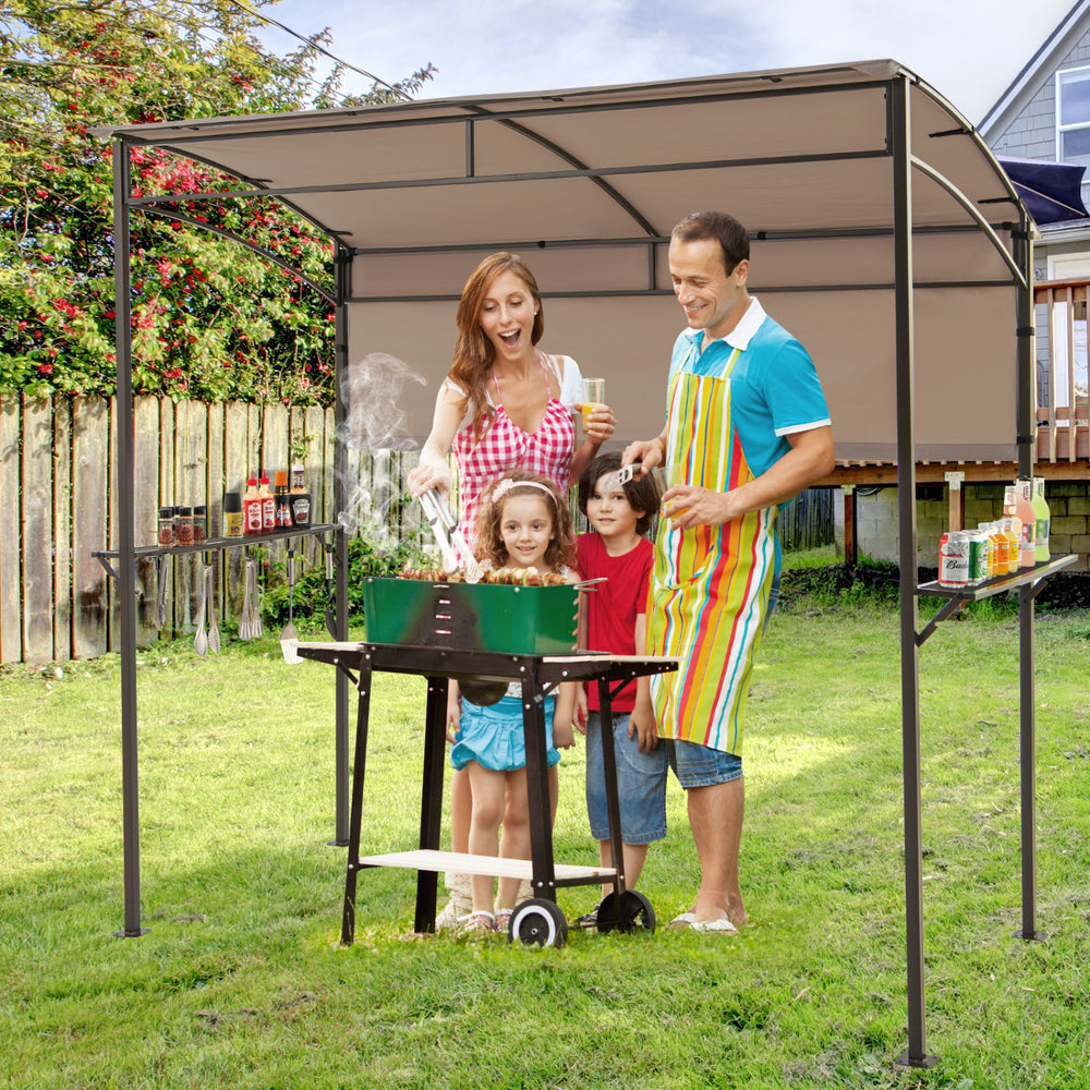 Outdoor patio BBQ canopy with metal shelves and bottle openers, featuring a brown polyester fabric for sun protection.