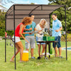 Outdoor patio BBQ canopy with metal shelves, bottle openers, and sun protection for convenient cooking and gatherings.