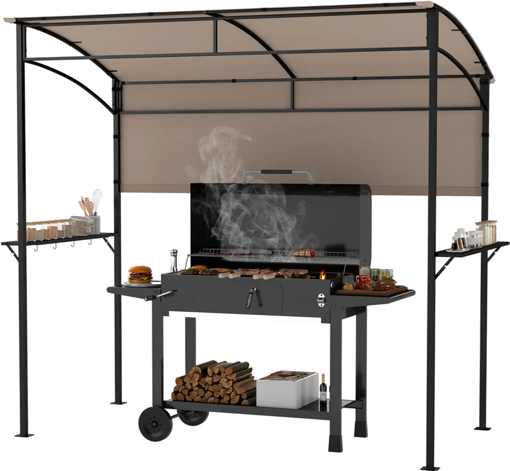 Outdoor patio BBQ canopy with metal shelves, bottle openers, and a durable brown polyester cover for sun protection.