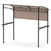 Outdoor patio BBQ canopy featuring an arched roof, additional sidewall, and two metal shelves for efficient cooking.