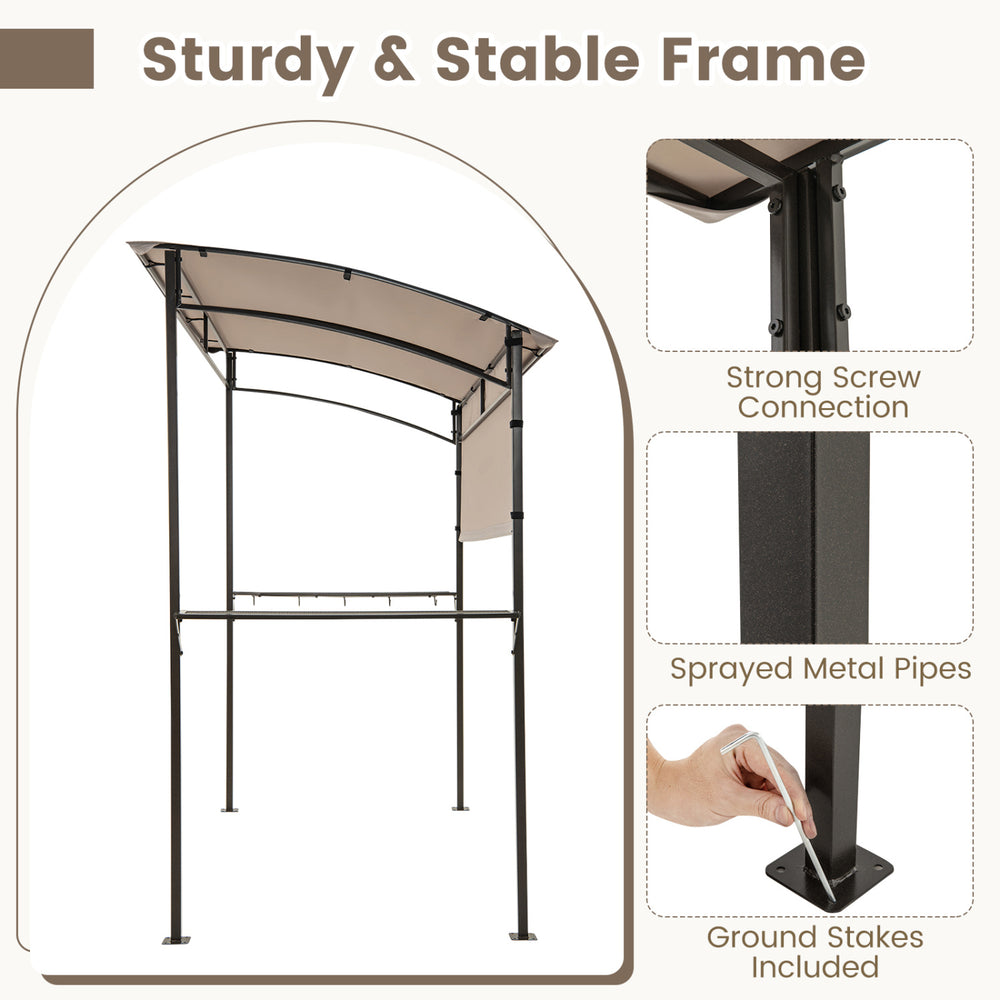 Sturdy 7.8 x 4.4 FT outdoor patio BBQ canopy with brown polyester fabric, metal shelves, and built-in bottle openers.