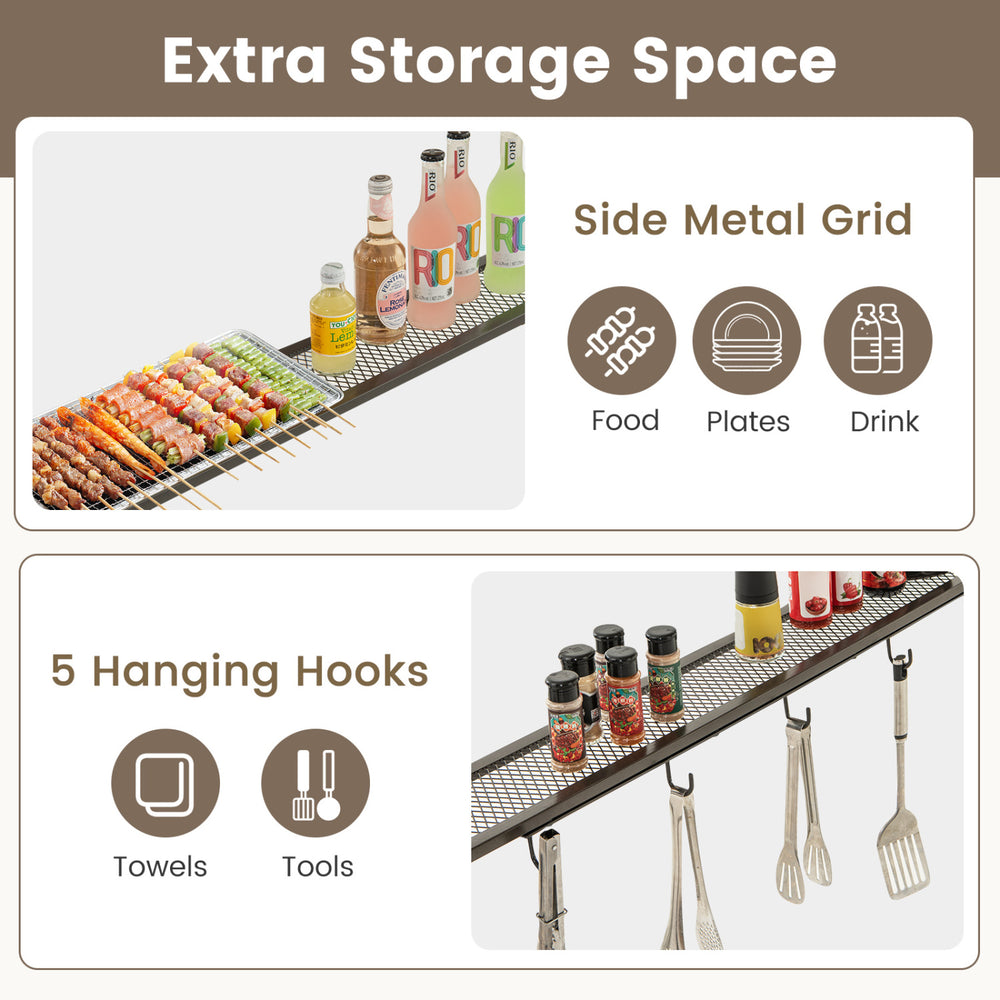 Outdoor patio BBQ canopy with metal shelves, bottle openers, and 5 hanging hooks for organized cooking and prep.