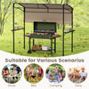 Outdoor patio BBQ canopy with metal shelves, sidewall, and bottle openers, ideal for picnics, camping, and parties.