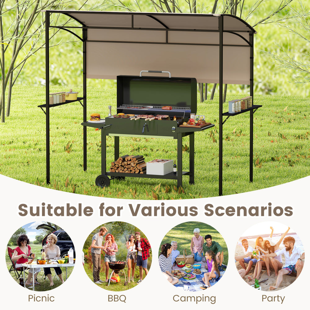 Outdoor patio BBQ canopy with metal shelves, sidewall, and bottle openers, ideal for picnics, camping, and parties.