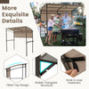 Outdoor patio BBQ canopy with brown polyester fabric, metal shelves, and bottle openers for convenient cooking setup.