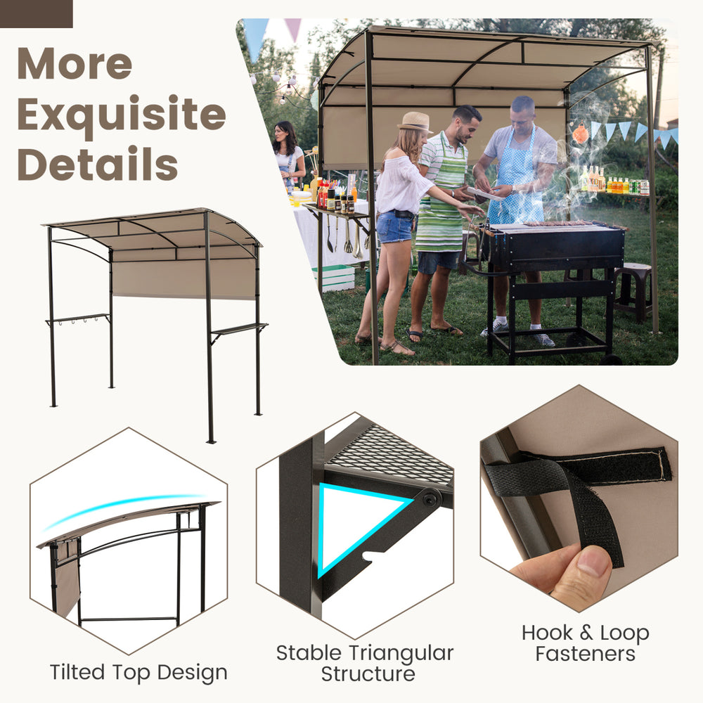 Outdoor patio BBQ canopy with brown polyester fabric, metal shelves, and bottle openers for convenient cooking setup.