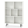 White 7-cube bookcase with tapered metal legs, ideal for storing books and decor, featuring anti-tipping kits for.
