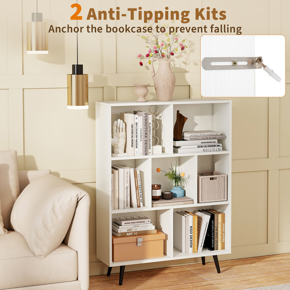 7-cube bookcase with tapered metal legs, featuring anti-tipping kits and ample storage for books and decor.