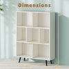 7-cube bookcase with tapered metal legs, dimensions 42" x 31.5" x 9.5", ideal for books and decor storage.