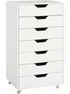 7-drawer white storage dresser with wheels, made of durable engineered wood, ideal for bedroom or office organization.