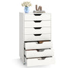 7-drawer white storage dresser with wheels, featuring smooth sliding rails and concave handles, ideal for bedroom or.
