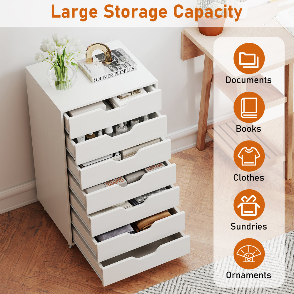 7-drawer chest storage dresser in white with wheels, ideal for organizing documents, clothes, and ornaments in any room.