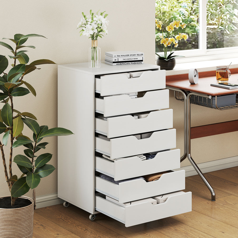 7-drawer white storage cabinet with removable wheels, perfect for versatile organization in living rooms, bedrooms, or.