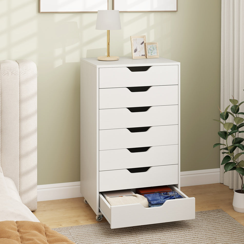 7-drawer chest storage dresser in white with wheels, ideal for organizing documents and cosmetics in any room.
