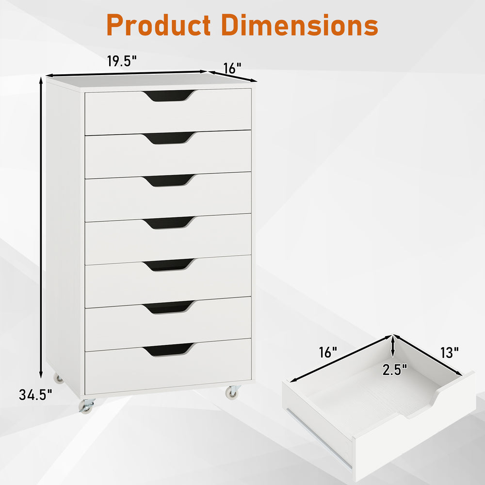 7-drawer chest storage dresser in white with wheels, featuring smooth sliding rails and ample storage for various items.