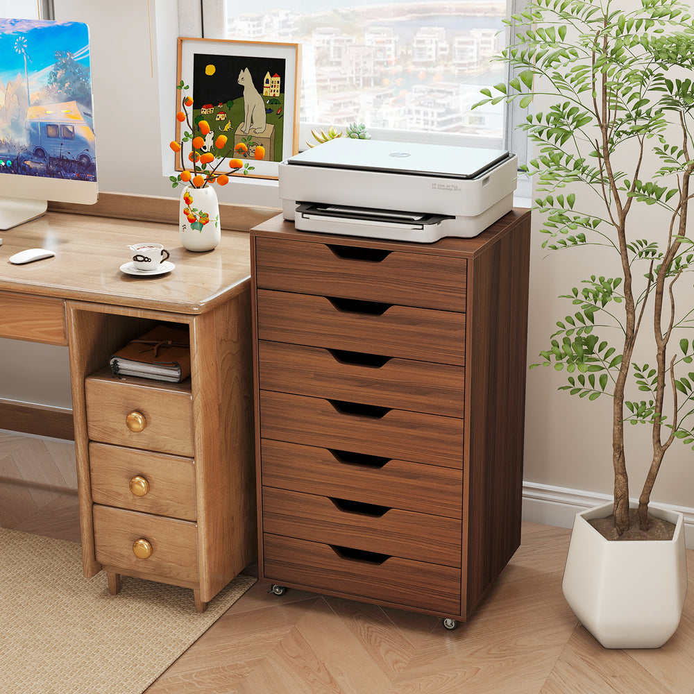 7-Drawer Chest Wooden Storage Dresser with Lockable Wheels-Walnut - Gallery View 1 of 12