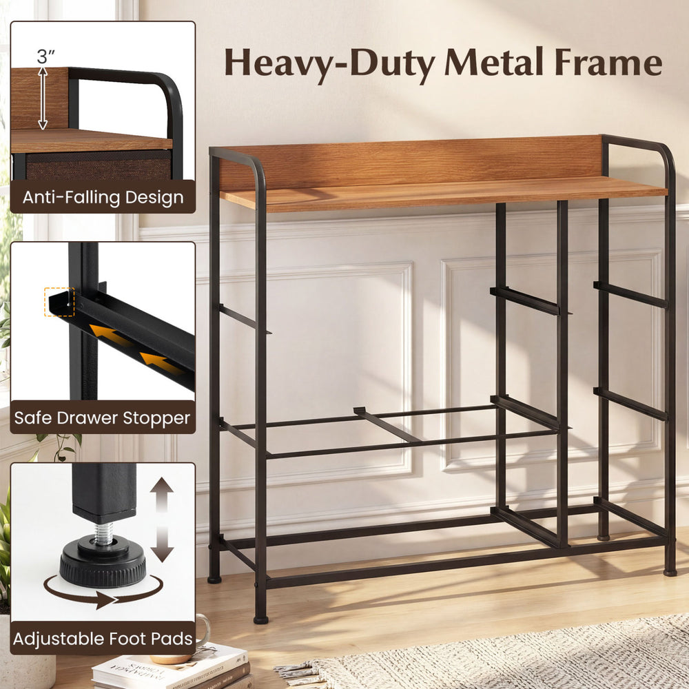 7-drawer steel frame dresser with wooden top, featuring adjustable foot pads and anti-falling design for stability.