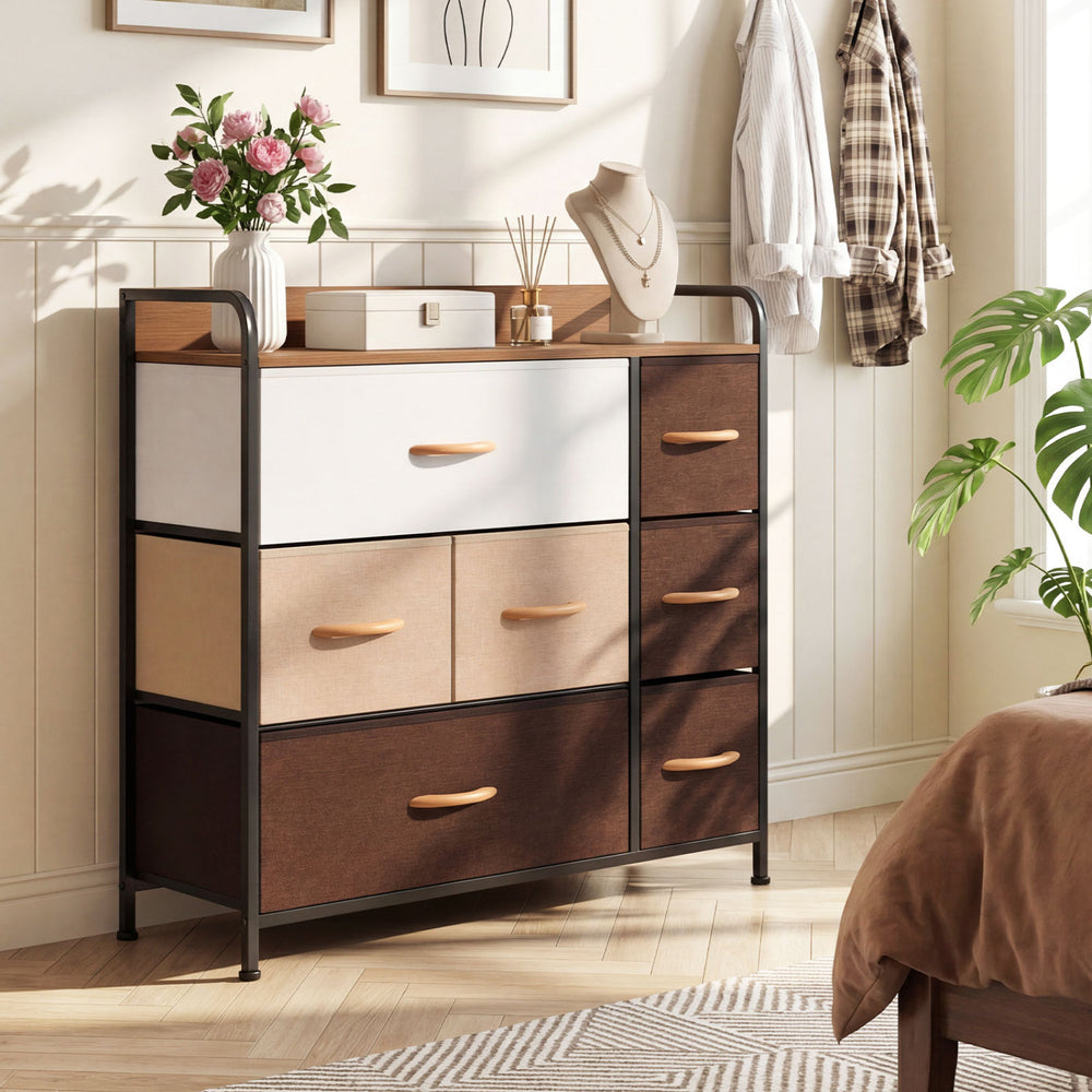 7-drawer tower dresser with a steel frame and wooden top, featuring fabric drawers for stylish bedroom storage.