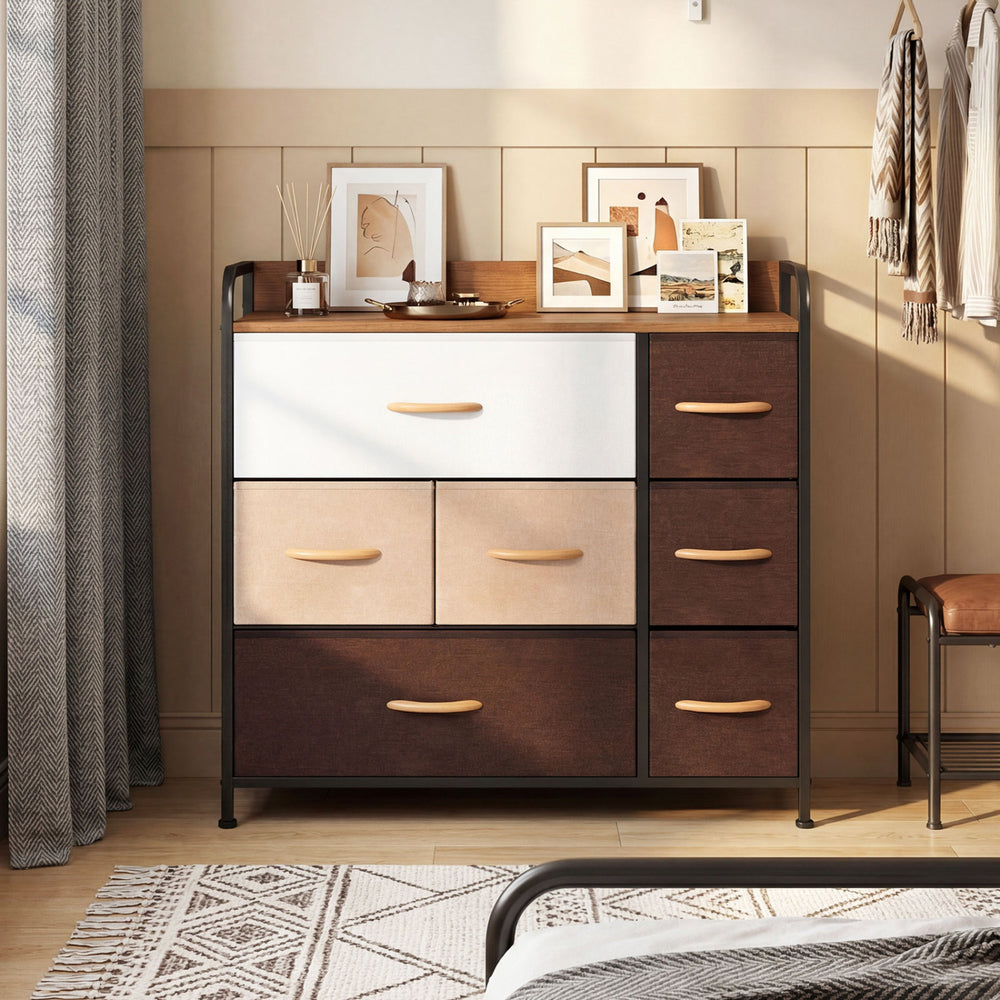 7-drawer tower dresser with steel frame and wooden top, featuring fabric drawers and modern design for versatile.