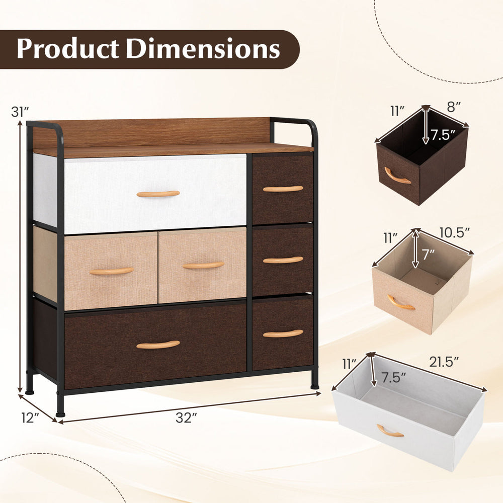 7-drawer tower dresser with steel frame and wooden top, showcasing dimensions and removable fabric drawers for.