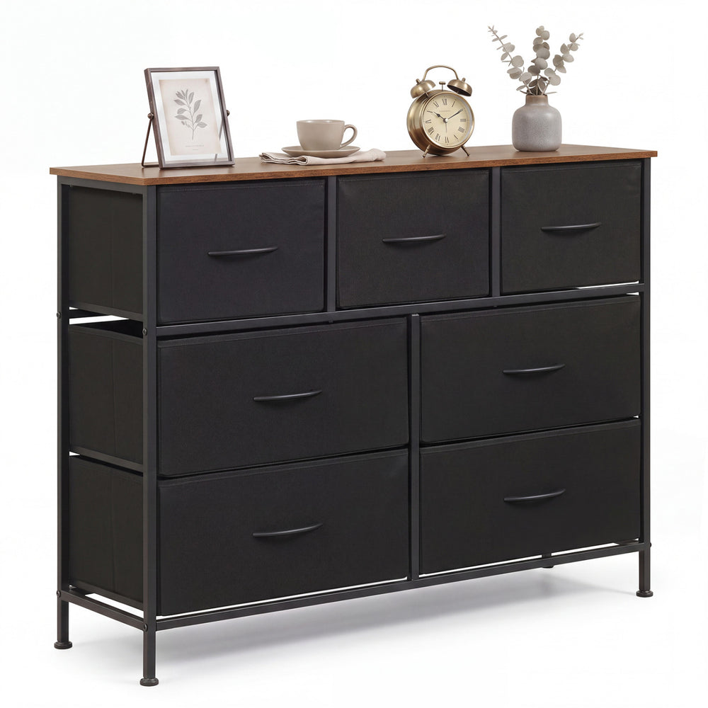 Wide black dresser with 7 removable fabric drawers and a spacious tabletop, perfect for bedroom storage and organization.