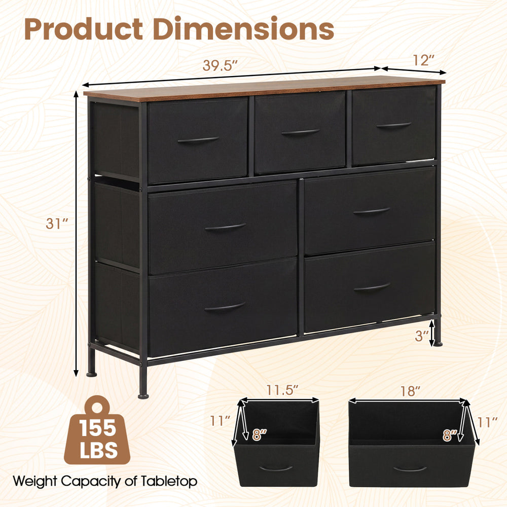 7-drawer wide dresser in black with removable fabric drawers, featuring a spacious tabletop for versatile storage solutions.