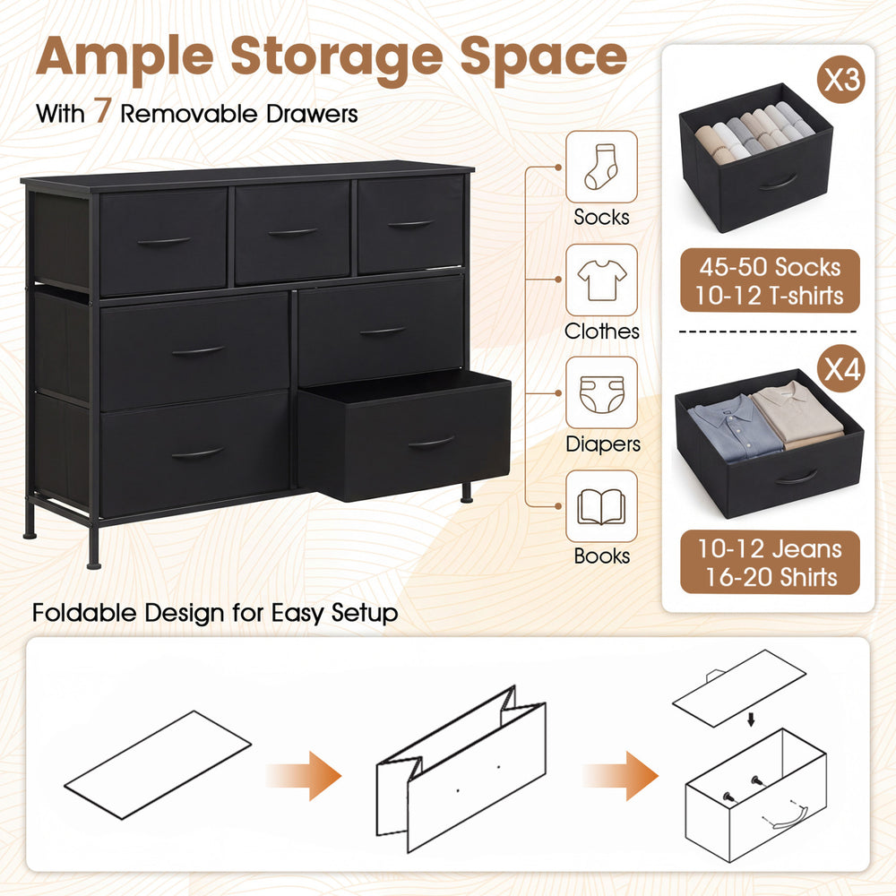 7-drawer wide dresser in black with removable fabric drawers, ideal for organizing clothes and accessories in any room.