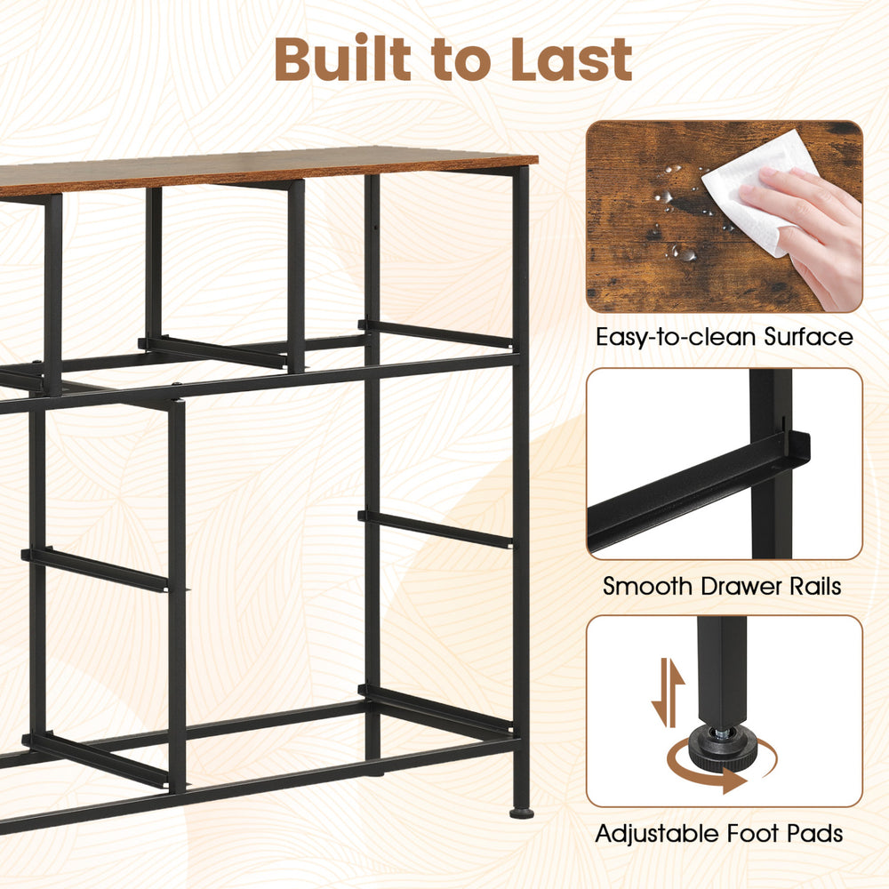 7-drawer wide dresser in black features removable fabric drawers, easy-to-clean surface, and adjustable foot pads for stability.