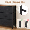 7-drawer wide dresser in black with removable fabric drawers and anti-tipping kits for enhanced bedroom safety.