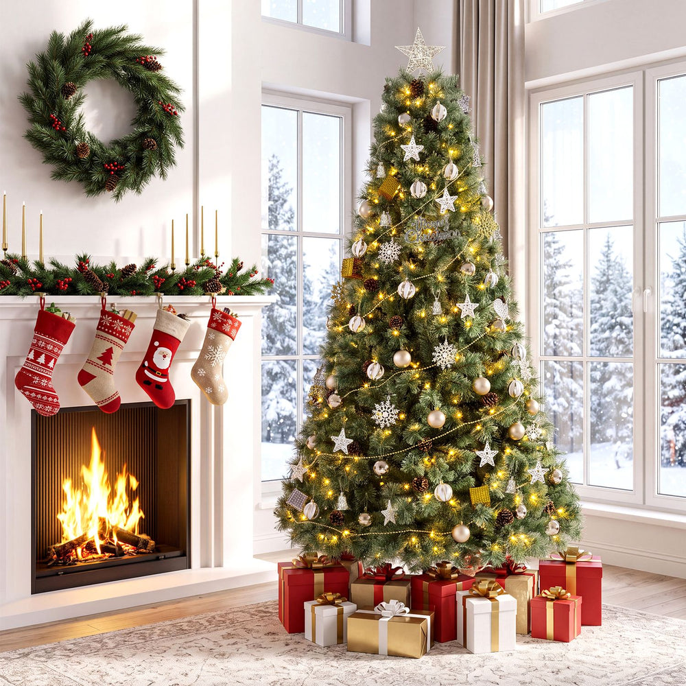 7 FT Artificial Christmas Tree Hinged Fully-Decorated with 238/360/524 Blossom Pine Needles - Gallery View 1 of 11