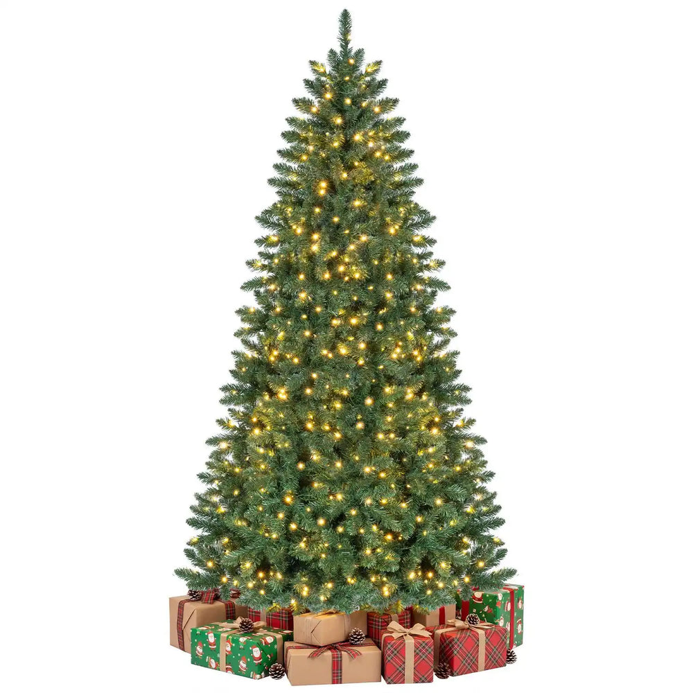 7 FT artificial half Christmas tree with 427 branch tips, featuring warm white LED lights, perfect for tight corners and apartments.