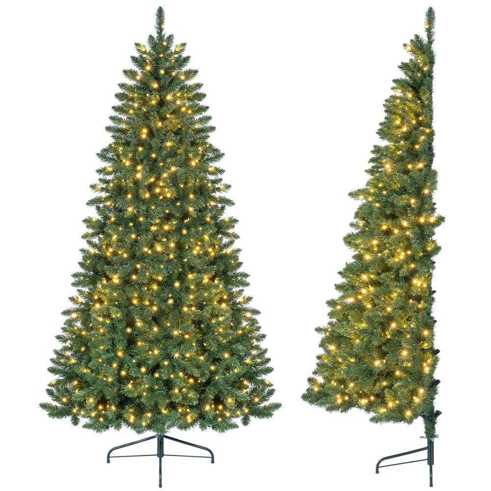 7 FT artificial half Christmas tree featuring a compact design and 250 warm white LED lights, ideal for narrow areas.