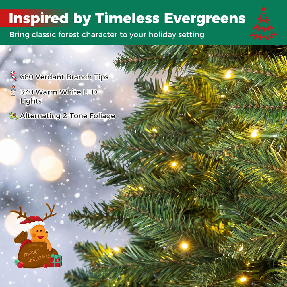 7 FT artificial half Christmas tree with 680 branch tips and 330 warm white LED lights, ideal for small spaces.