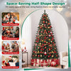 7 FT artificial half Christmas tree with 680 branch tips and 330 warm white LED lights, perfect for small spaces.
