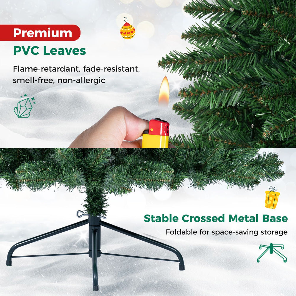 7 FT artificial half Christmas tree with dense PVC leaves, pre-lit with warm white LED lights, perfect for small spaces.