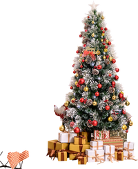 7 FT flocked Christmas tree with 270 branch tips and 76 LED lights, perfect for festive holiday decor.
