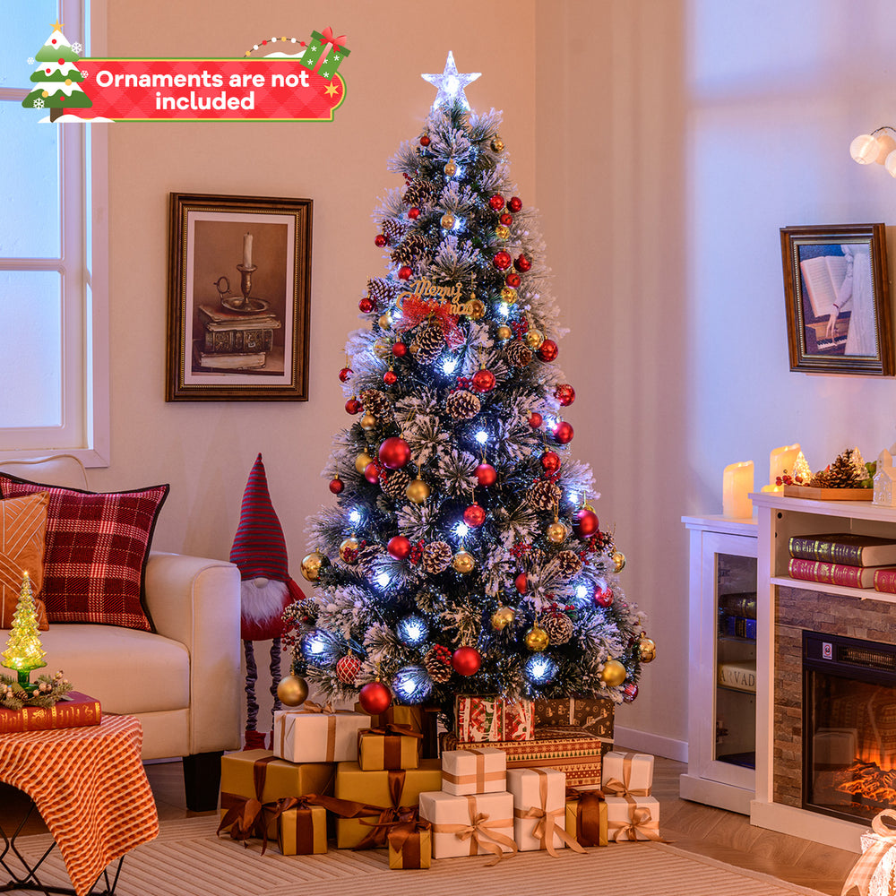 7 FT flocked Christmas tree with 270 branch tips, 76 LED lights, and 8 lighting modes for festive holiday decor.