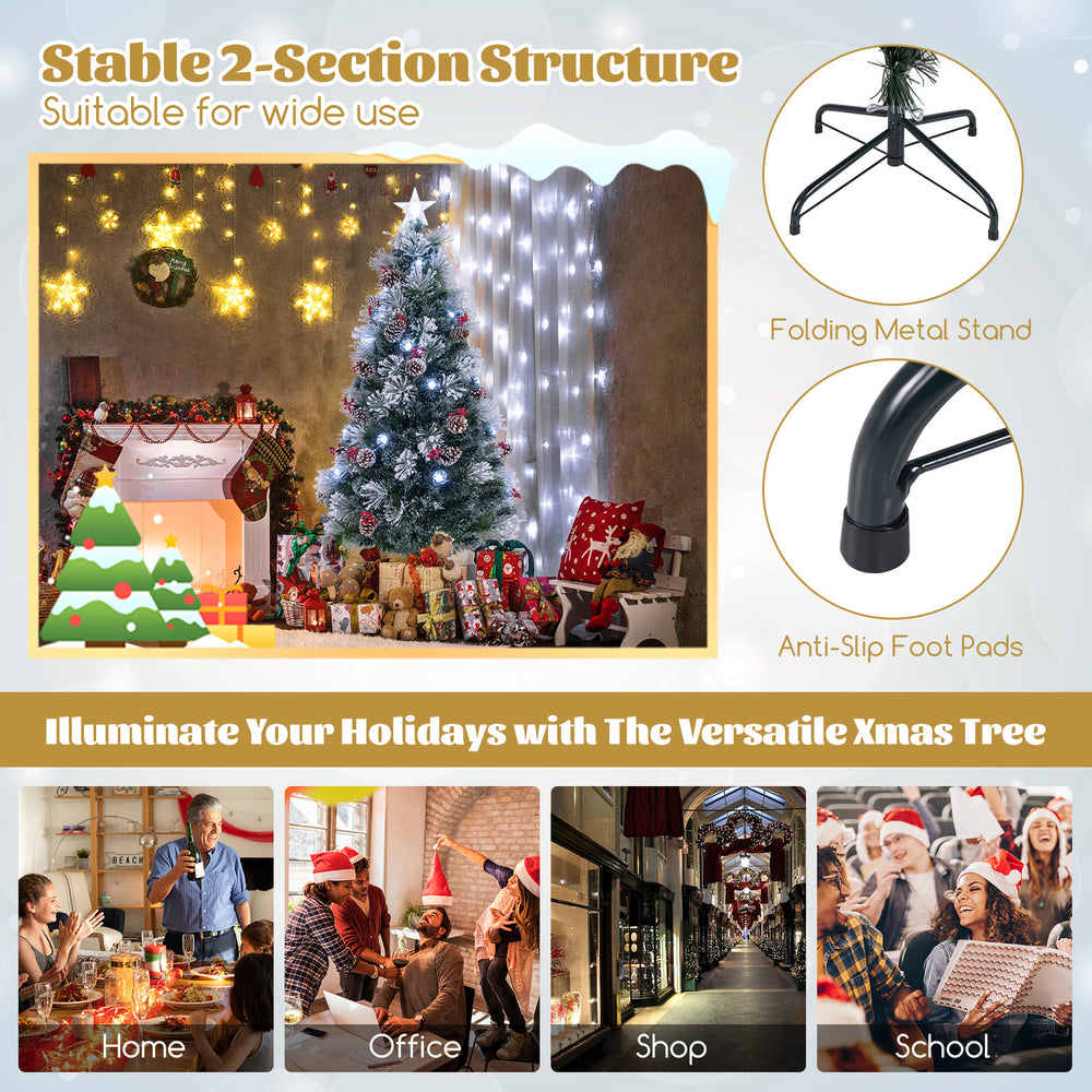 7 FT flocked Christmas tree with 270 branch tips, 76 LED lights, and a stable folding metal stand for festive decor.