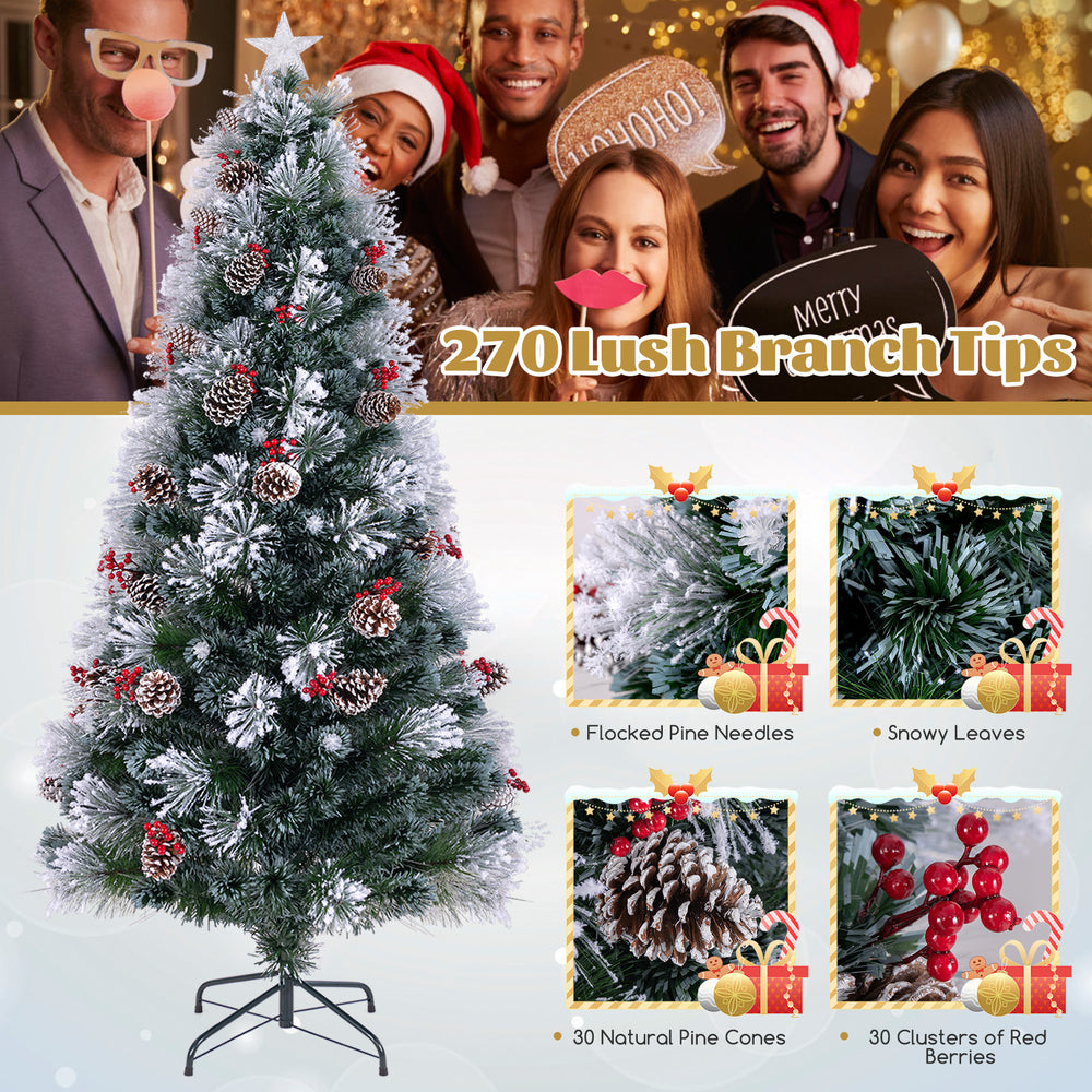 7 FT flocked Christmas tree with 270 branch tips, 30 clusters of red berries, and 76 LED lights for festive.