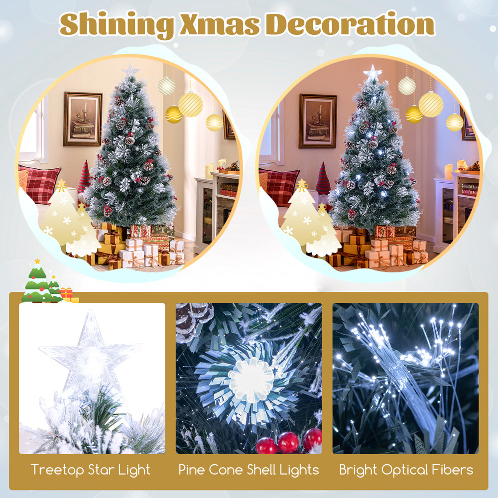 7 FT flocked Christmas tree featuring 76 LED lights, treetop star, and pine cone shell lights for festive decor.