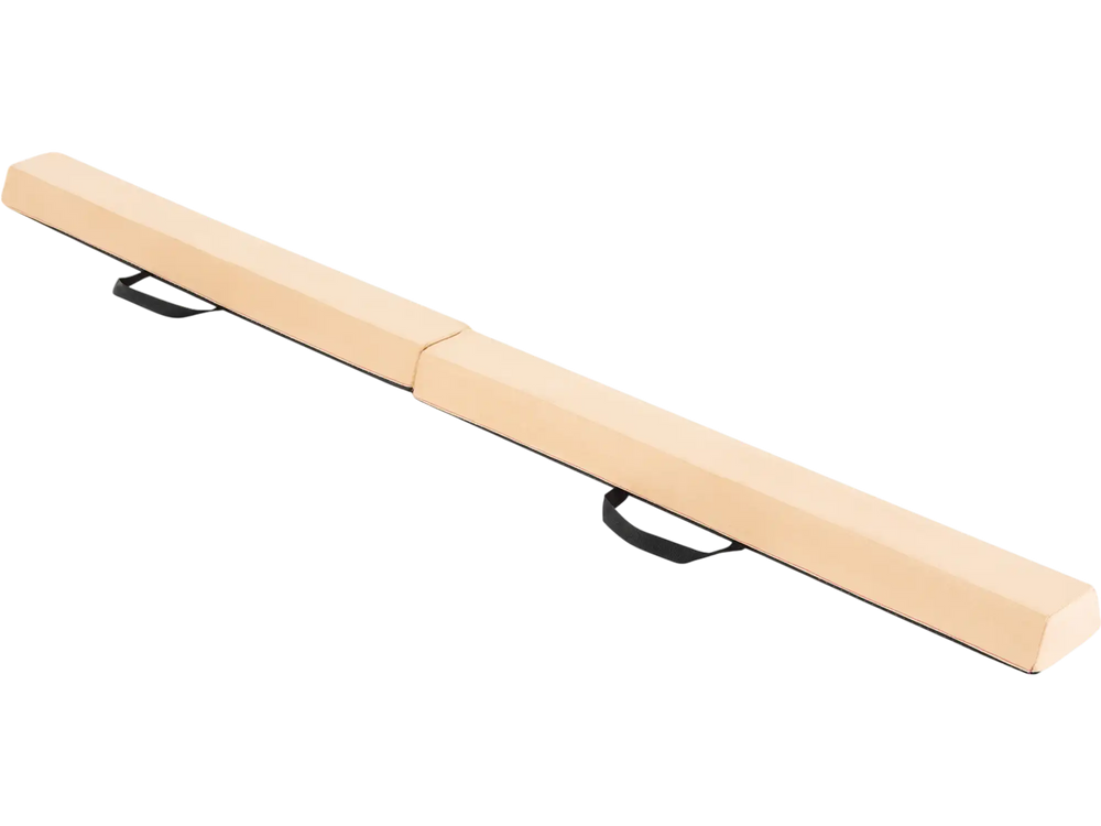 Folding 7 FT balance beam in khaki with removable suede cover and non-slip bottom, ideal for home gymnastics training.