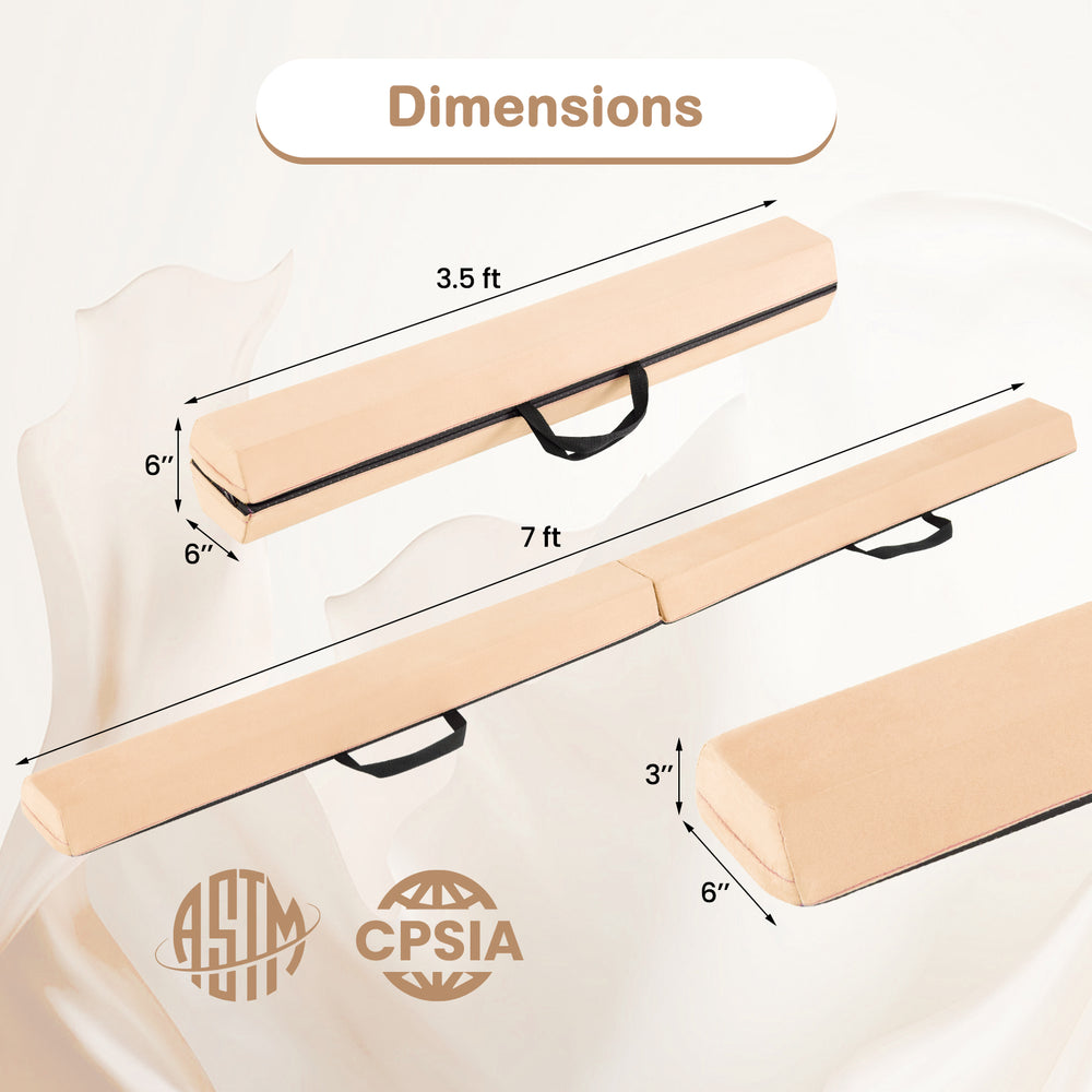 7 FT folding balance beam in khaki with removable suede cover, showcasing dimensions for home gymnastics training.
