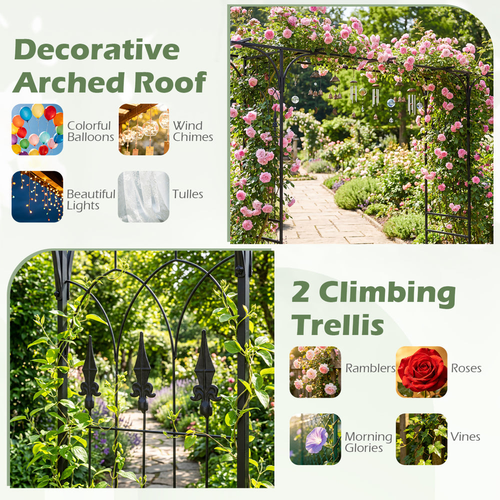 7 FT garden arch arbor with flat top design, powder-coated metal frame, perfect for climbing plants and outdoor events.