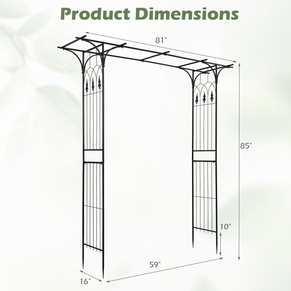 Garden arch arbor dimensions showing a 7 FT tall, flat top design for climbing plants with a durable metal frame.