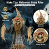 Animated 7 FT Halloween scarecrow decoration with glowing red eyes, creepy sounds, and poseable straw-like arms.
